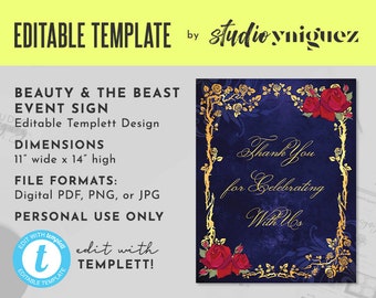 Beauty and the Beast Gold Frame And Roses Fairy Tale Printable 11" x 14" Editable Template Event Sign, Gift Sign, Wedding Sign, Digital File