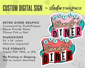 Custom Retro Diner Sign, Personalized Birthday Party Sign, 24" x24" Digital Retro Diner Sign, 1950s Retro Sign, Sock Hop Sign, Digital File