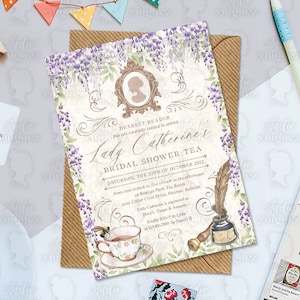 Regency Brautparty Teeparty druckbare 5 &quot;x 7&quot; Einladung, Wisteria Tea Party Brautpartyeinladung, High Tea Brautpartyeinladung