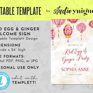 Red Egg Editable 18&quot; x 24&quot; Welcome Sign, Red Egg and Ginger Templett Welcome Sign, Chinese Lantern Welcome Sign, Editable, Digital File