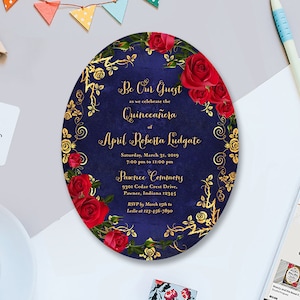 Beauty and the Beast Oval Mirror and Red Rose Printable 3.5" x 4.5" Invitation, Oval Beauty and the Beast Printable Birthday Invite, PDF