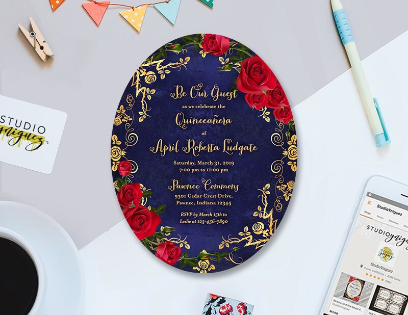 Beauty and the Beast Oval Mirror and Red Rose Printable 37 x 47 Invitation Oval Beauty and the Beast Printable Birthday