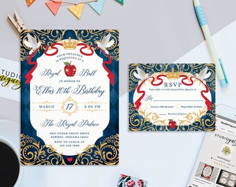 Snow White Fairy Tale Printable 5" x 7" Invitation and 4.25" x 5.5" RSVP, Apple and Gold Frame Mirror Sweet Sixteen Invite and RSVP Set