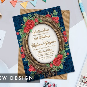 Beauty and the Beast Enchanted Mirror and Red Rose Printable 5&quot; x 7&quot; Invitation, Beauty and the Beast Fairy Tale Printable Birthday Invite