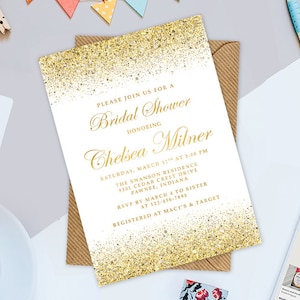 Gold Glitter Bridal Shower Printable 5 x 7 Invitation, Gold Glitter School Dance Prom Invitation image 1