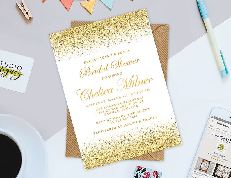 Gold Glitter Bridal Shower Printable 5 x 7 Invitation, Gold Glitter School Dance Prom Invitation image 1