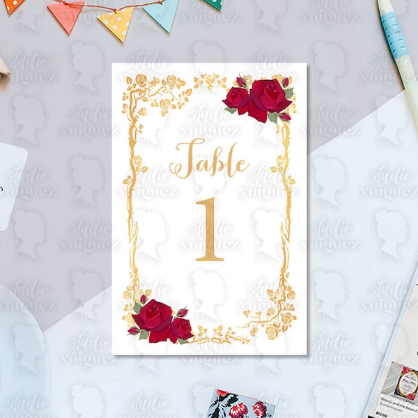 Beauty and the Beast Fairy Tale Printable 5" x 7" and 4" x 6" Table Numbers, White Gold, Printable Table Numbers, Instant Download, PDF Only