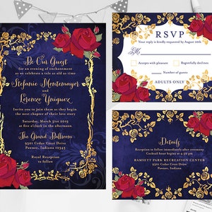 Beauty and the Beast Fairy Tale Printable Invitation Set with RSVP and Details, Red Roses Gold Frame Mirror Wedding Invite RSVP Details Set