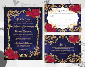 Beauty and the Beast Fairy Tale Printable Invitation Set with RSVP and Details, Red Roses Gold Frame Mirror Wedding Invite RSVP Details Set