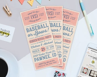 Baseball or Bows Gender Reveal Printable Invitation, Baseball Ticket Gender Reveal Printable 3.5" x 8.5" Invitation, Gender Reveal Invite