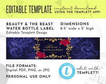 Beauty and the Beast 8.5" x 2" Editable Water Bottle Labels, Editable Water Bottle Label,  Editable Templett Label, Digital File Only