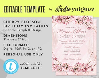 Cherry Blossom Birthday Editable Invitation, Sweet Sixteen Editable Templett 5" x 7" Invite, Cherry Blossom Editable Invitation, Templett
