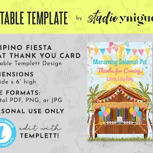 Filipino Fiesta Printable 4&quot; x 6&quot; Editable Flat Thank You Card, Templett Favor Tag, 4&quot; x 6&quot; Thank You, Printable Flat Thank You Template