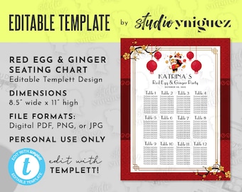 Red Egg Editable 8.5" x 11" Seating Chart, Red Egg and Ginger Templett Seating Chart, Chinese New Years Party Seating Chart, Digital File