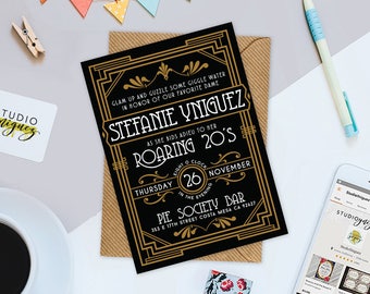 Art Deco Roarin Twenties Theme Birthday Party Printable Invitation, Printable Roaring Twenties 5" x 7" Birthday Party Invitation