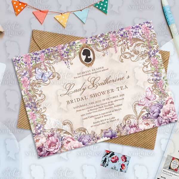 Regency Bridal Shower Tea Party Printable 7" x 5" Invitation, Floral Tea Party Bridal Shower Invitation, High Tea Bridal Shower Invitation