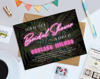 Neon Tropical Bridal Shower Printable 7" x 5" Invitation,  Palm Leaves Bridal Shower Invite, Aloha! Tropical Neon Bridal Shower Invite