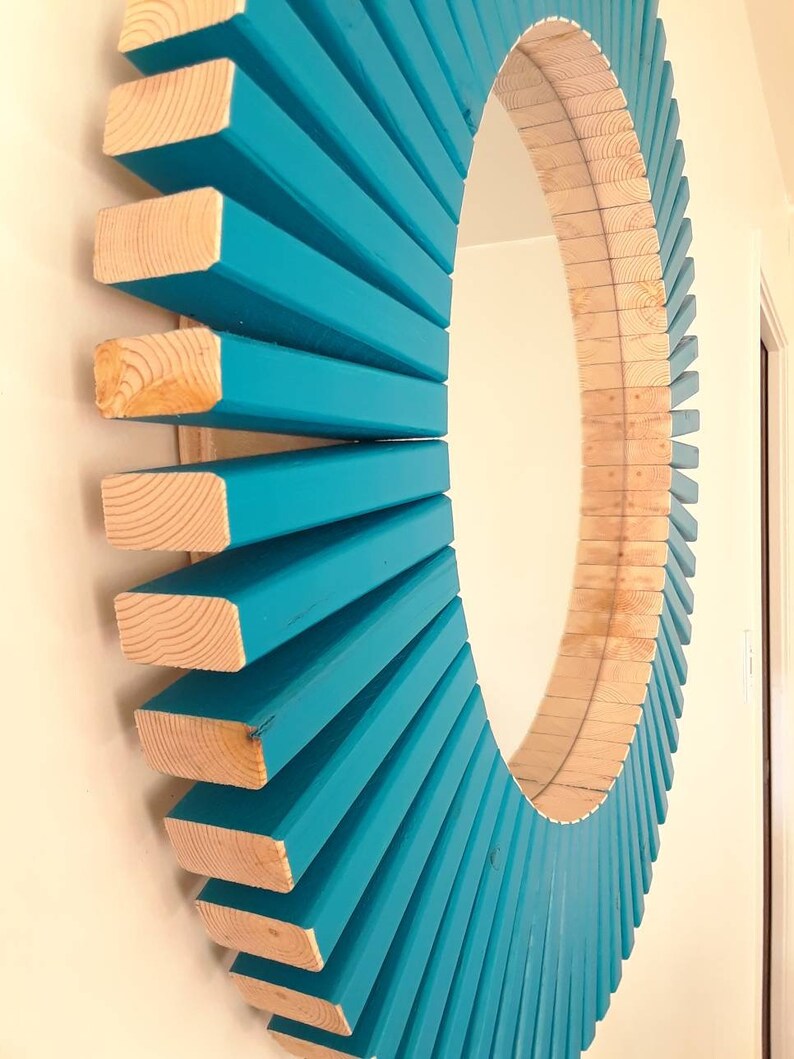 Intense Teal Round Wall Mirror Wooden Frame 26 Etsy