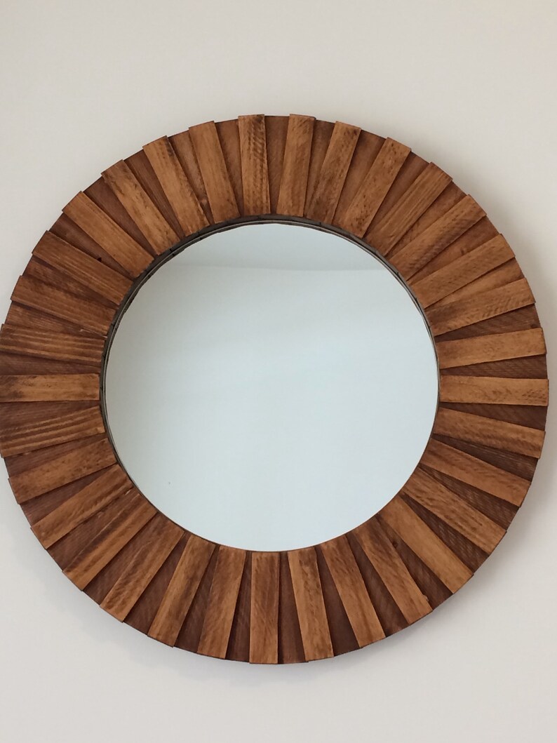 Round Wall Mirror Handmade 26 Teak Color Solid Wood Etsy