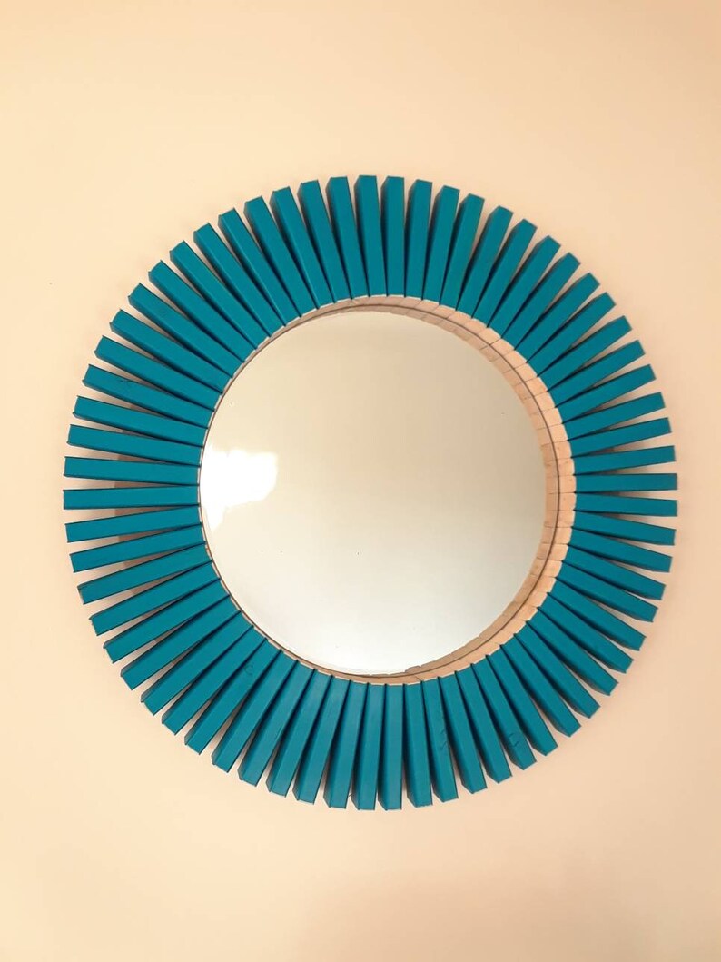 Intense Teal Round Wall Mirror Wooden Frame 26 Etsy