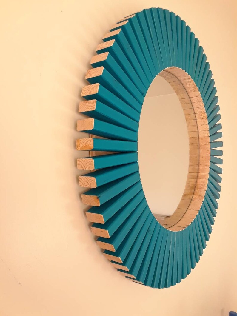 Intense Teal Round Wall Mirror Wooden Frame 26 Etsy