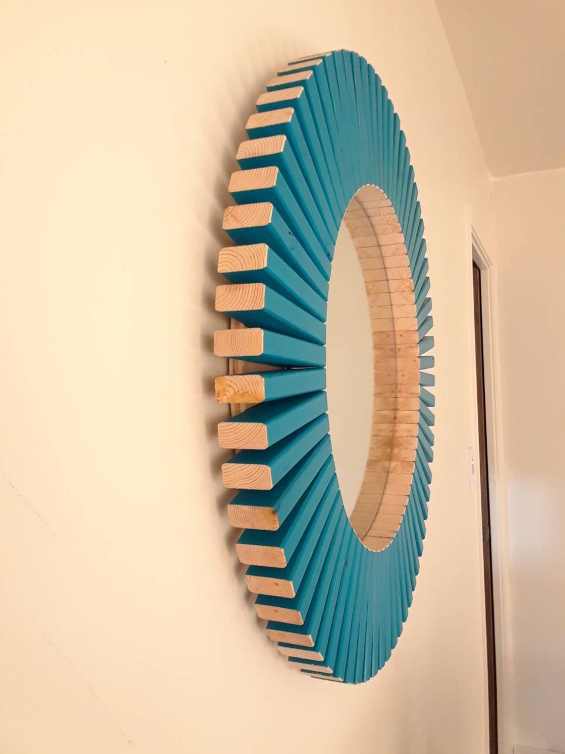 Intense Teal Round Wall Mirror Wooden Frame 26 Etsy