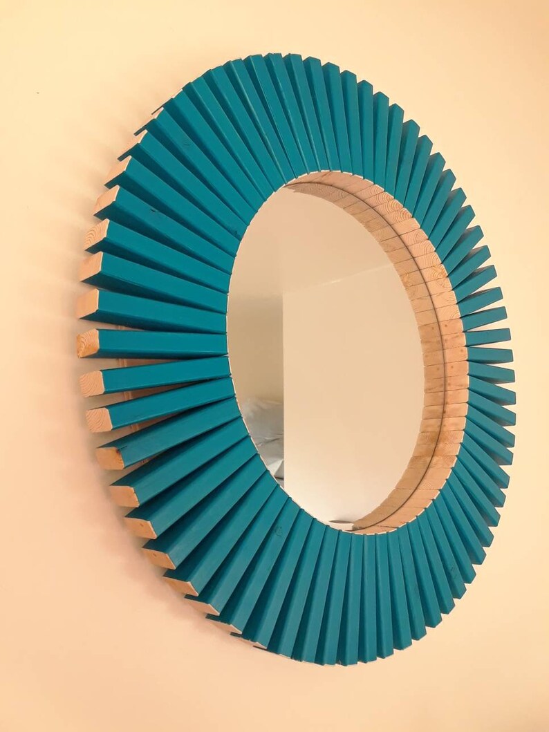 Intense Teal Round Wall Mirror Wooden Frame 26 Etsy