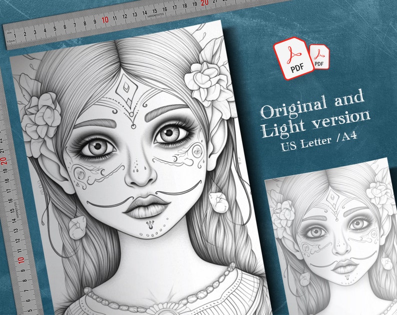 May include: A black and white line drawing of a girl with long hair, wearing a necklace and a flower crown. Her face is decorated with intricate patterns, resembling a sugar skull. The image is titled "Original and Light version US Letter / A4".