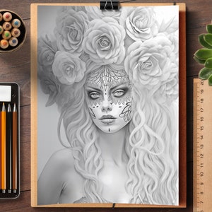 May include: A black and white drawing of a woman with a sugar skull makeup design. She is wearing a crown of roses and has long, flowing hair.