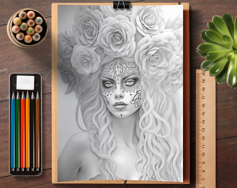 May include: A black and white drawing of a woman with a sugar skull makeup design. She is wearing a crown of roses and has long, flowing hair.