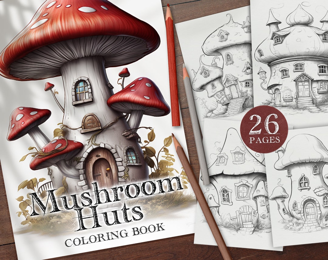 25 Mushroom Huts Digital Coloring Book, Mushroom House Coloring Pages