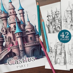 42 Castles Digital Coloring Book Part-2, Sandcastle, Fairy tale castle, Gothic Castle,  Mushroom Castle, Steampunk Castle, Candy Castle