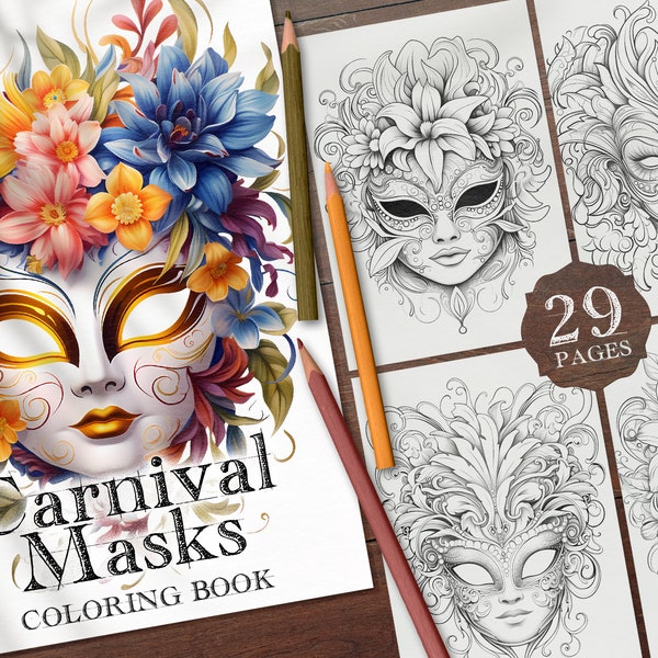 29 Masquerade Mask Digital Coloring Book, Carnival Mask Coloring Pages