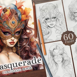 60 Masquerade Girls Digital Coloring Book, Carnival Girl Coloring Pages, Women in Carnival Mask Printable PDF, Masquerade Coloring Sheets