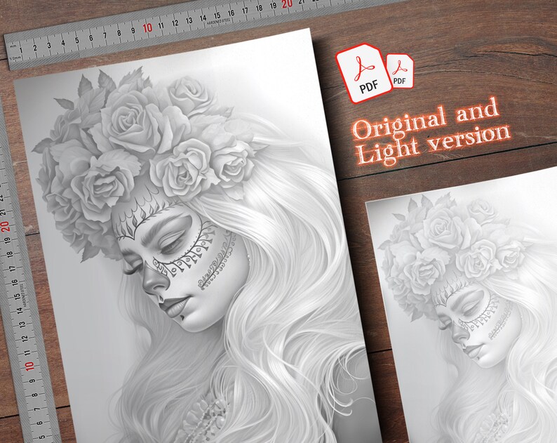 May include: A black and white digital illustration of a woman with a floral crown and a sugar skull makeup design. The woman has long, flowing hair and is looking down.