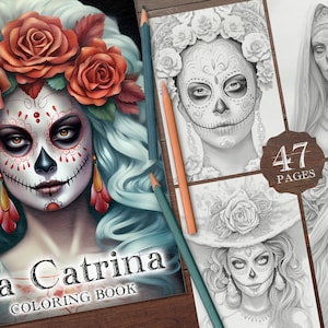 47 La Catrina Digital Coloring Book, Day of the Dead Coloring Pages, Sugar Skulls Printable PDF, Mexican Girl Coloring Sheet PNG