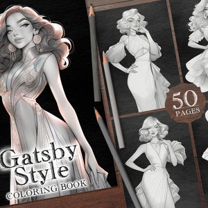 50 Girl in Gatsby Fashion Style Digital Coloring Book, Vintage Fashion Woman Coloring Pages, Modern Gatsby Styles Coloring Printable PDF