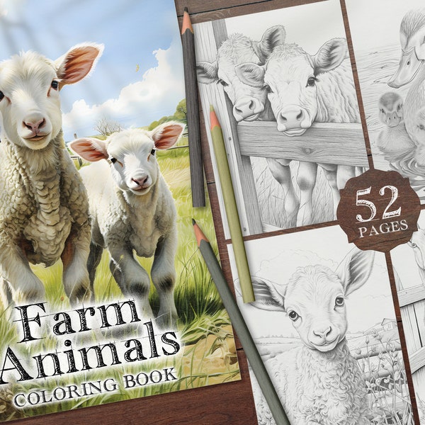 52 boerderijdieren digitaal kleurboek, koe, varken, schaap, kip, paard, geit, eend, konijn, ezel, gans, lama, alpaca, kleurplaten