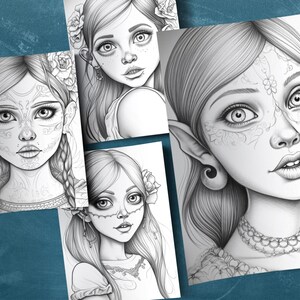 May include: Four black and white line drawings of female faces with intricate details. Each face has a different hairstyle and facial features. The drawings are on white paper.