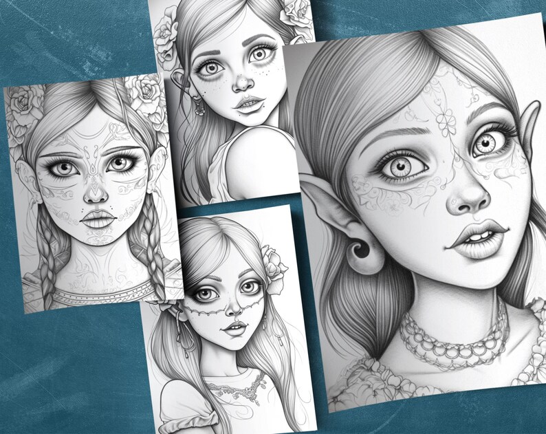 May include: Four black and white line drawings of female faces with intricate details. Each face has a different hairstyle and facial features. The drawings are on white paper.