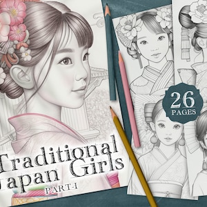 26 Traditionelle Japanische Mädchen Teil-1 Digitales Malbuch, Asiatische Mädchen zum Ausdrucken, Malseiten, Traditionelles Japan Kleidung Mädchen PNG, PDF
