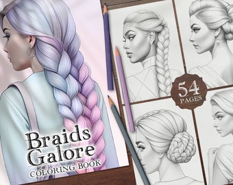 May include: A coloring book titled "Braids Galore" with a cover image of a woman with long, braided hair in shades of pink and blue. The book has 54 pages.