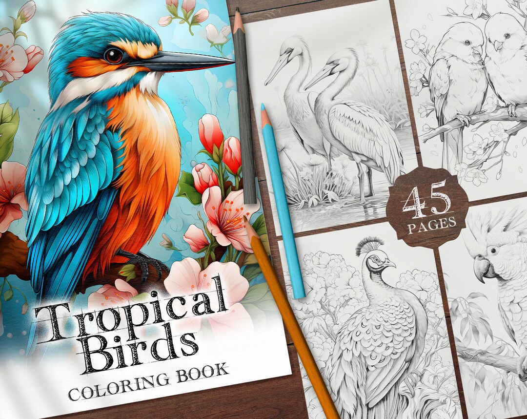 45 Birds of Paradise Digital Coloring Book, Tropical Birds Coloring ...
