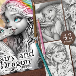 42 Fairies Ride Dragons Digital Coloring Book, Fairies Hugs Dragons Coloring Pages, Fairies Kiss Dragons Printable PDF, Elves Coloring PNG