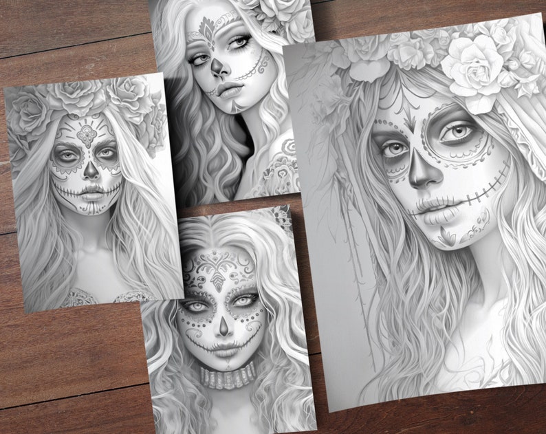 May include: Four black and white printable coloring pages featuring women with sugar skull makeup and floral headbands. The women have long flowing hair and intricate designs on their faces.