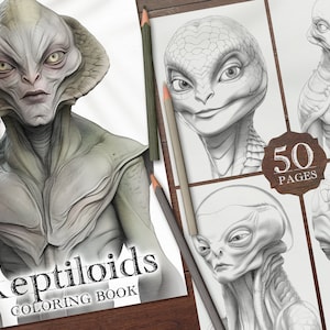 50 Reptiloids Digital Coloring Book, Aliens Coloring Pages, UFO Printable PDF, Outer Space Coloring PNG, Sci-fi alien Coloring Sheets