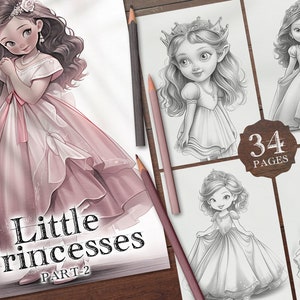 34 Little Princesses Digital Coloring Page Part-1, Cartoon Princess Coloring Pages, Little Girls in Dresses Printable PDF, Princess PNG