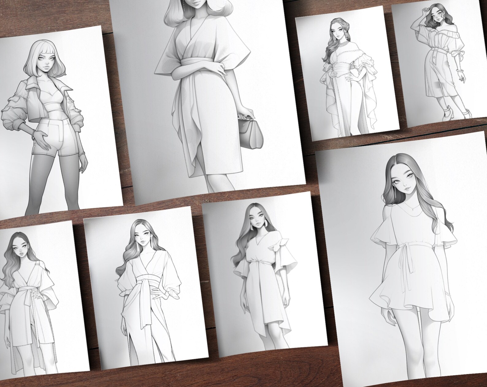 45 Asian Fashion Models Digital Coloring Book, Clothes Coloring Pages ...