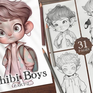 31 Cute Chibi Boys Digital Coloring Book Part -2, Chibi Characters Coloring Pages, Chibi Style Kids Coloring PNG, Chibi Male Printable PDF