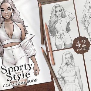 42 Sporty Style Girls Digital Coloring Book, Fashion Girls Printable PDF, Women Clothes Coloring Pages, Coloring PNG